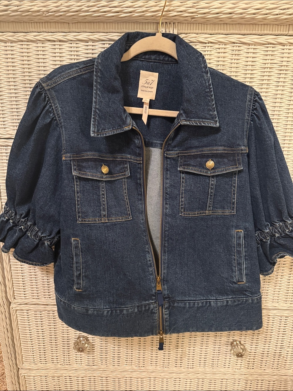 Cinq a Sept Dark Blue Denim Holly Jacket with Puff Sleeves and dual zipper